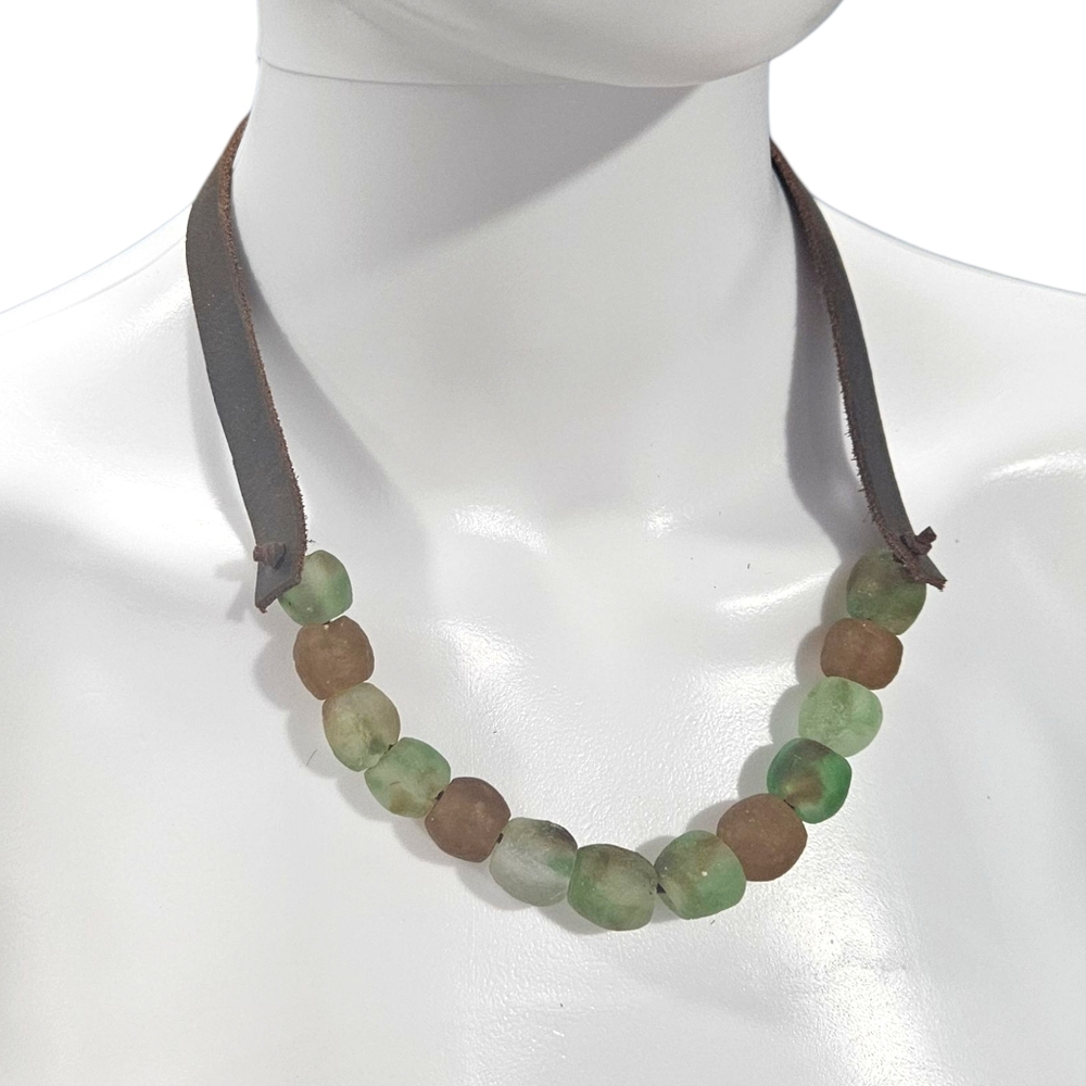 New Handmade Krobo Bead And Leather Necklace - Picture 2 of 15